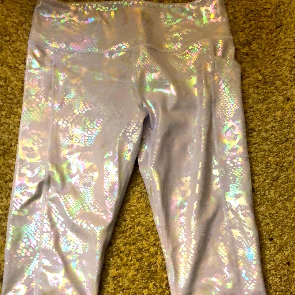 CVG purple, cropped sparkle leggings.